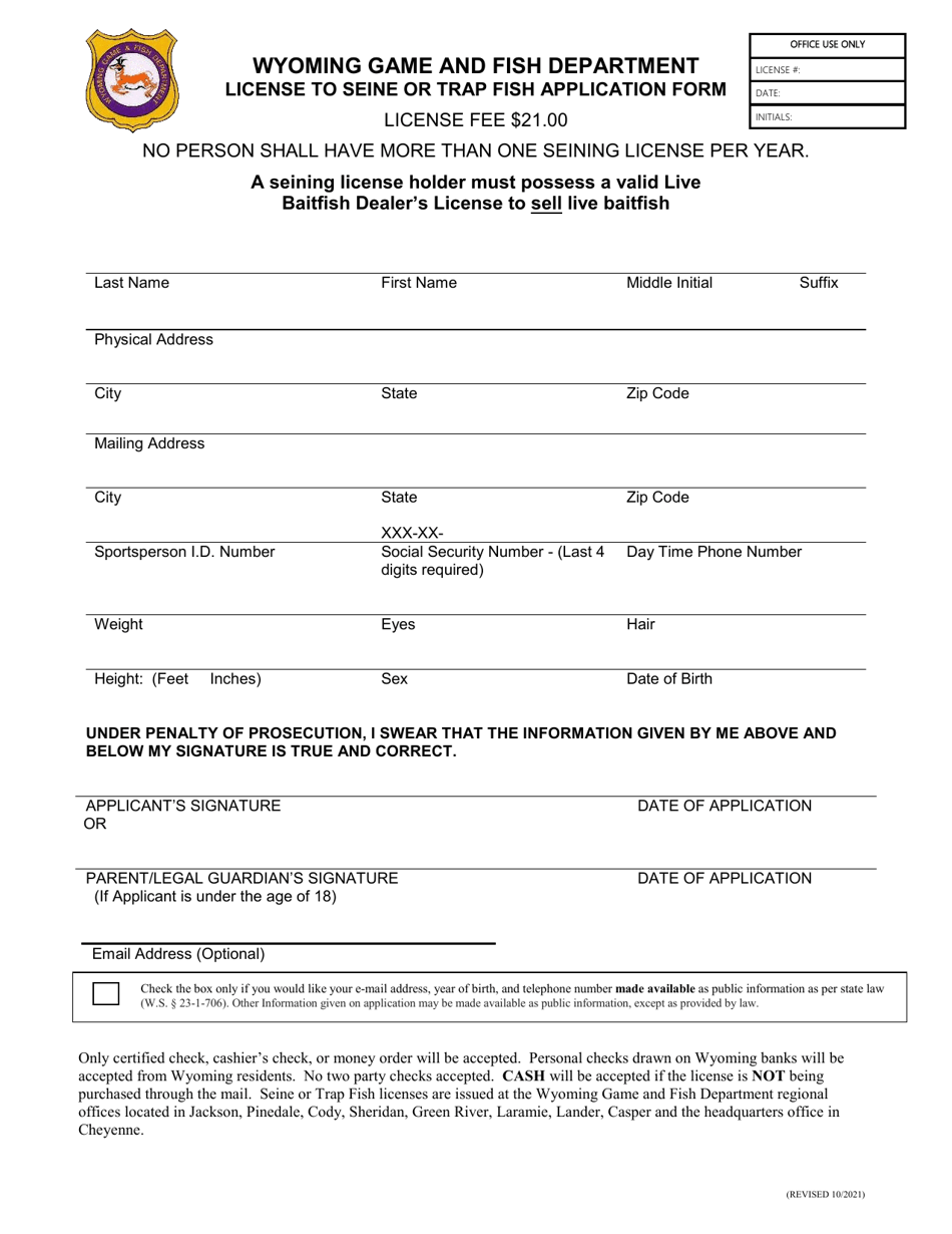 License to Seine or Trap Fish Application Form - Wyoming, Page 1