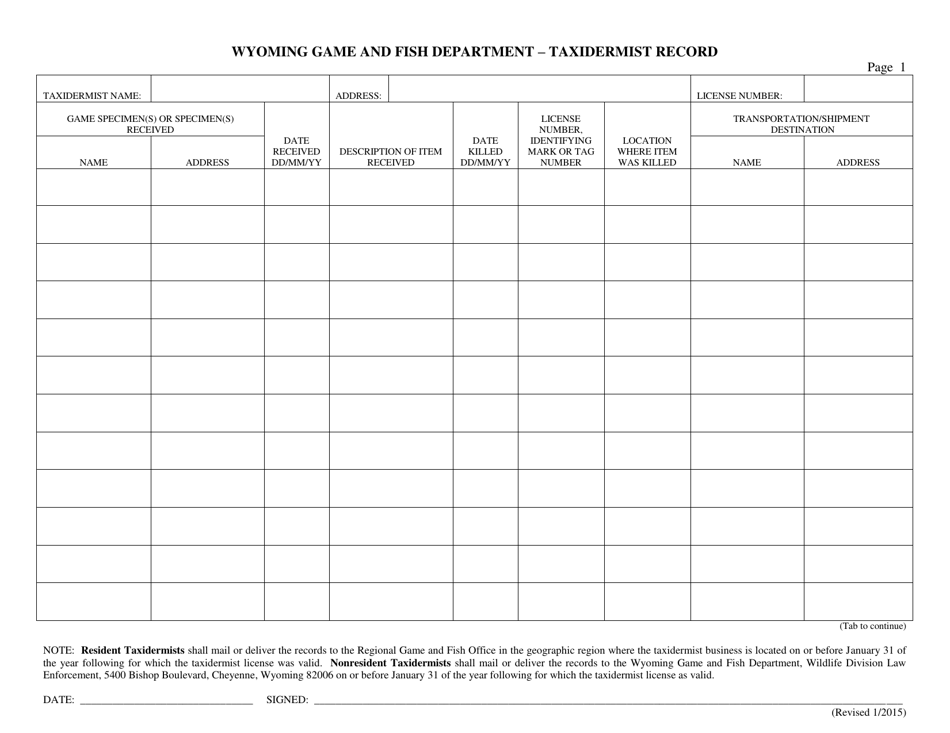 Wyoming Taxidermist Record Download Printable PDF Templateroller