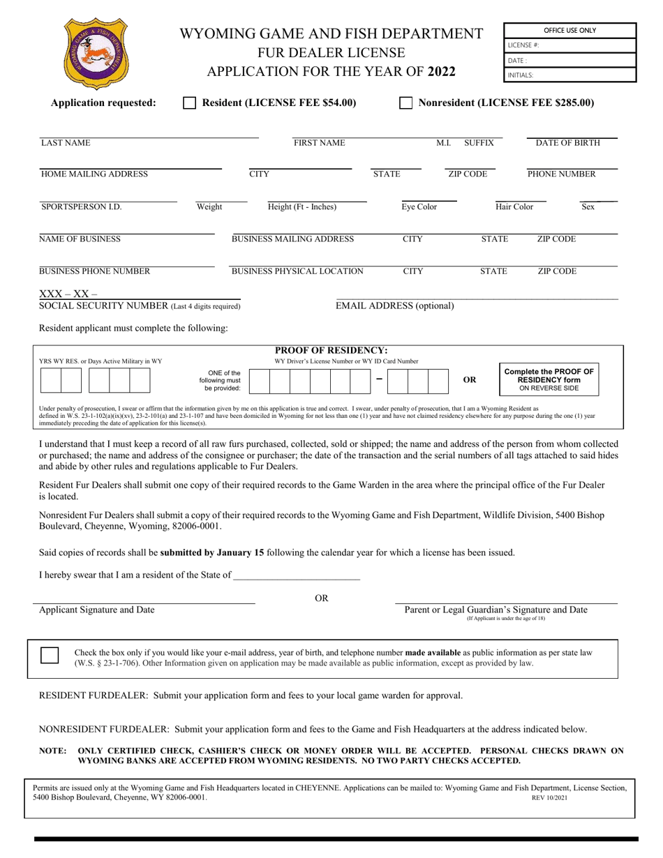 Fur Dealer License Application - Wyoming, Page 1