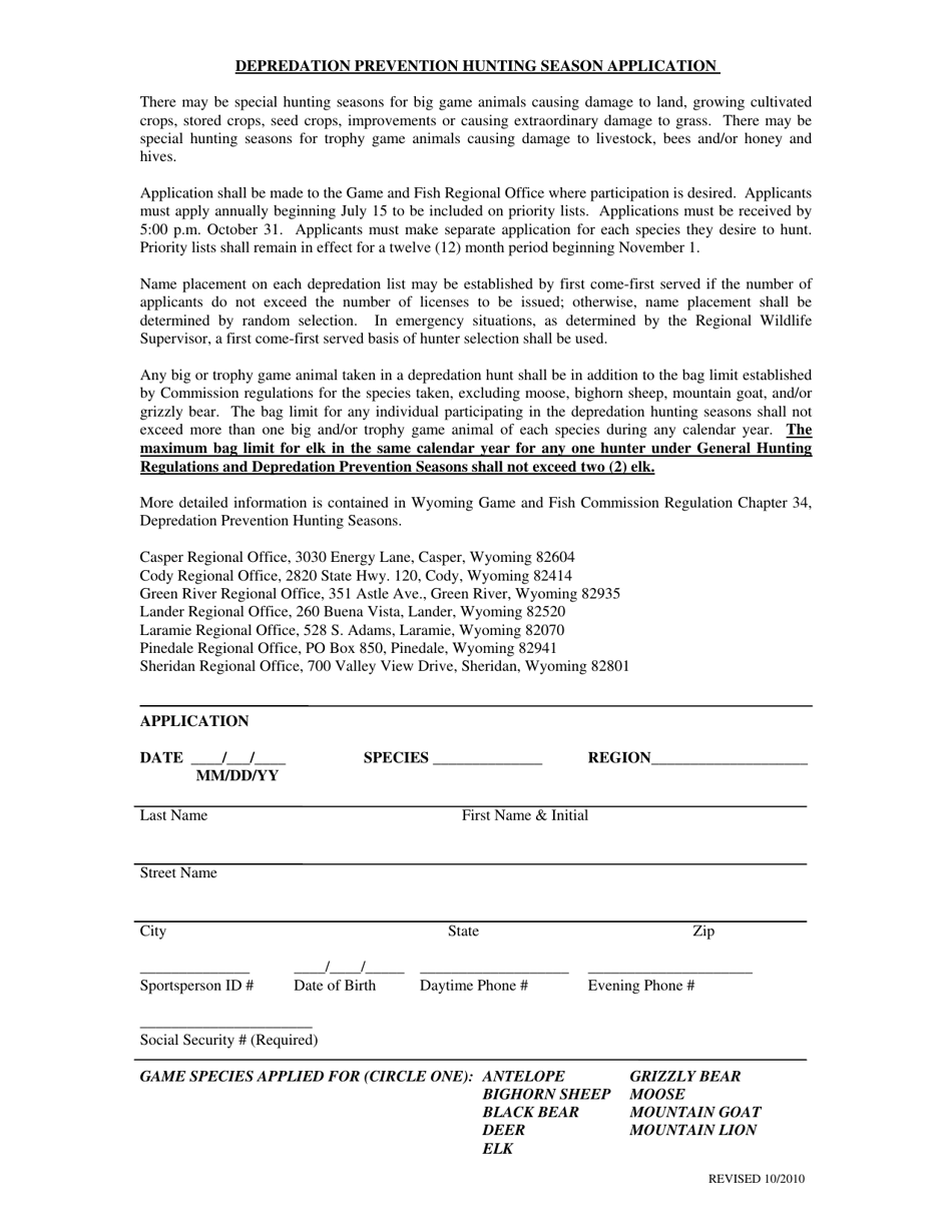 Depredation Prevention Hunting Season Application - Wyoming, Page 1