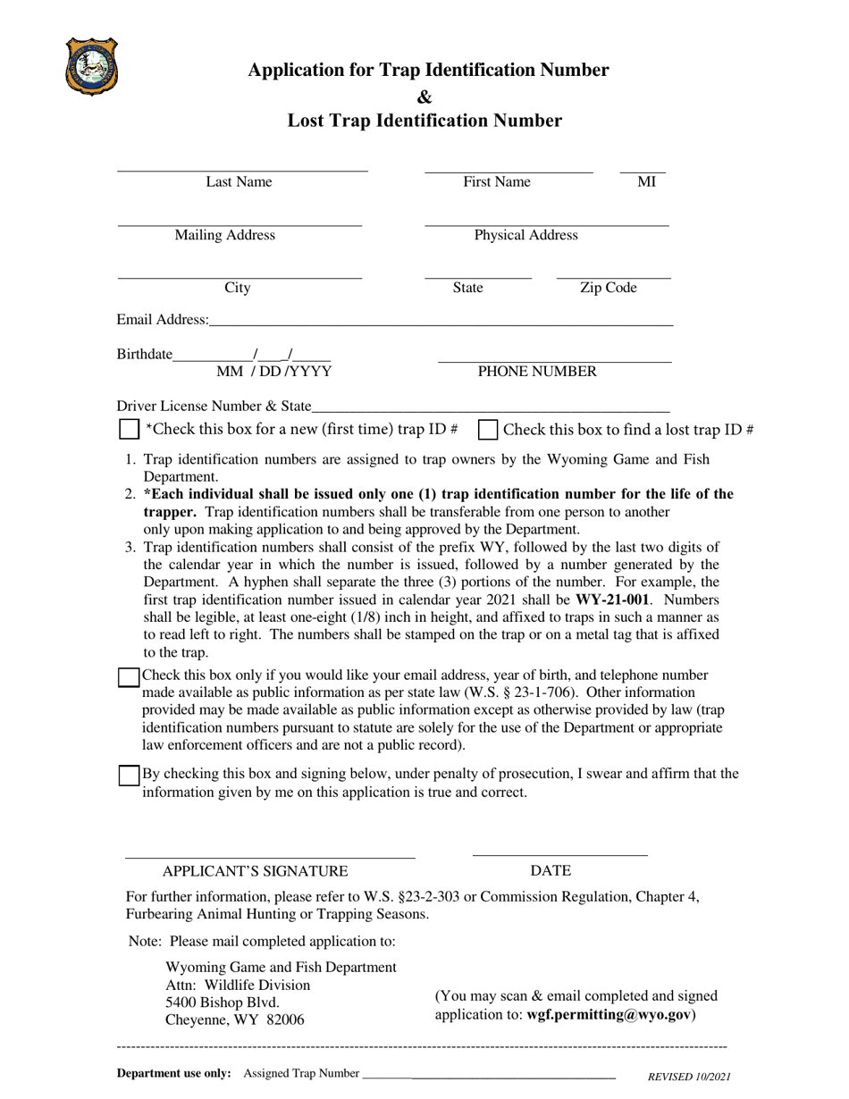 Application for Trap Identification Number  Lost Trap Identification Number - Wyoming, Page 1