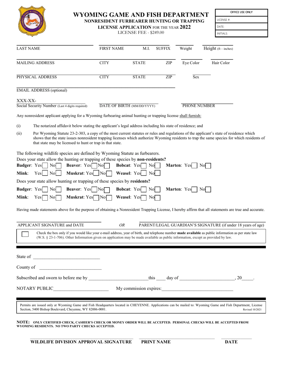 2022 Wyoming Nonresident Furbearer Hunting or Trapping License