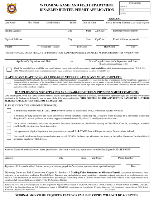 Disabled Hunter Permit Application - Wyoming Download Pdf