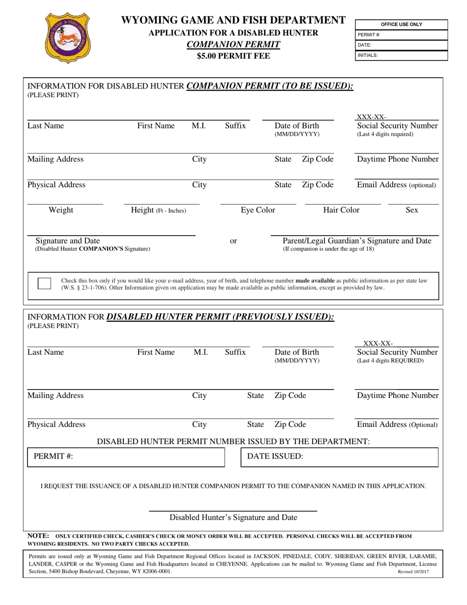 Application for a Disabled Hunter Companion Permit - Wyoming, Page 1