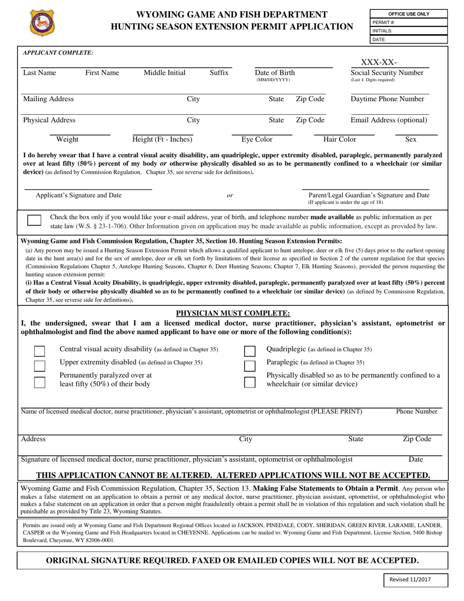 Hunting Season Extension Permit Application - Wyoming, Page 1