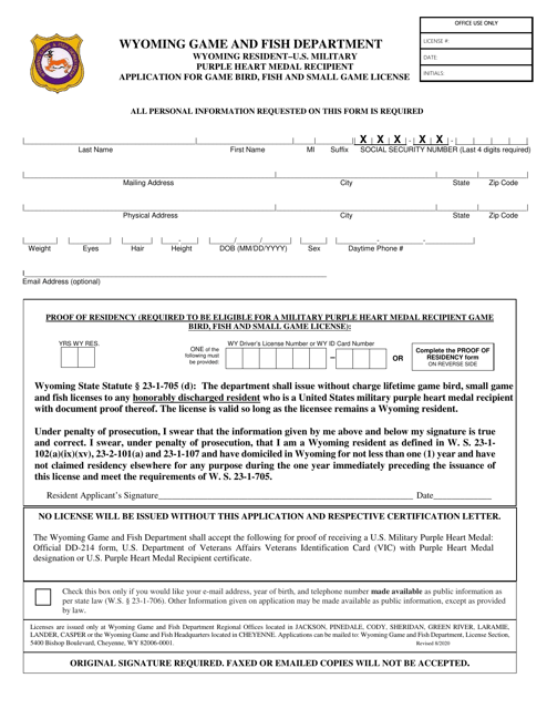 Application for Game Bird, Fish and Small Game License - Wyoming Resident-U.S. Military Purple Heart Medal Recipient - Wyoming