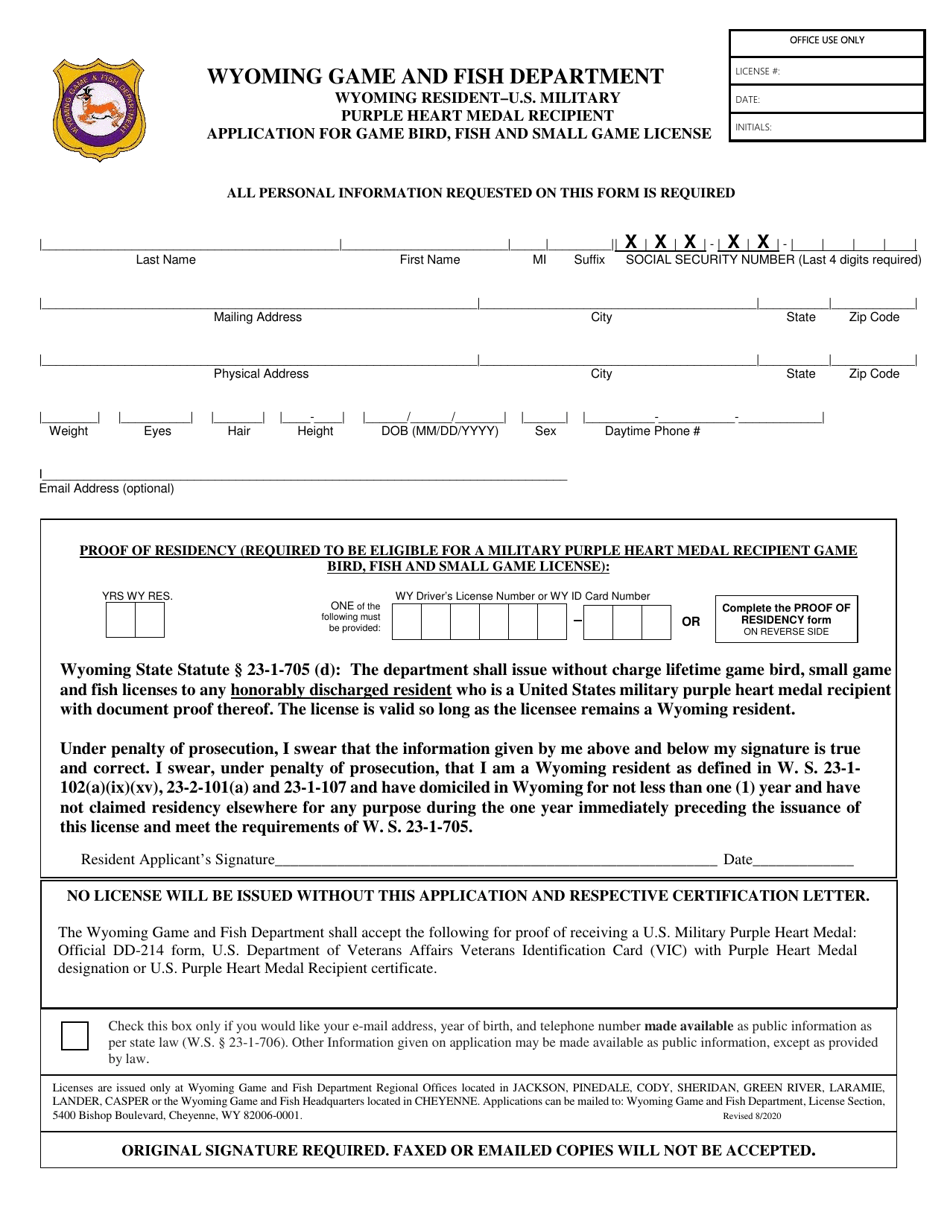 Application for Game Bird, Fish and Small Game License - Wyoming Resident-U.S. Military Purple Heart Medal Recipient - Wyoming, Page 1