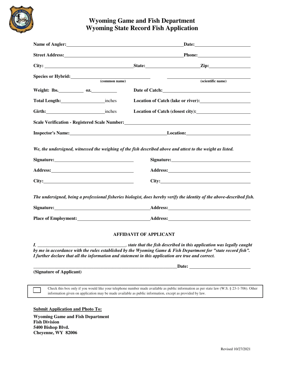 Wyoming State Record Fish Application - Wyoming, Page 1