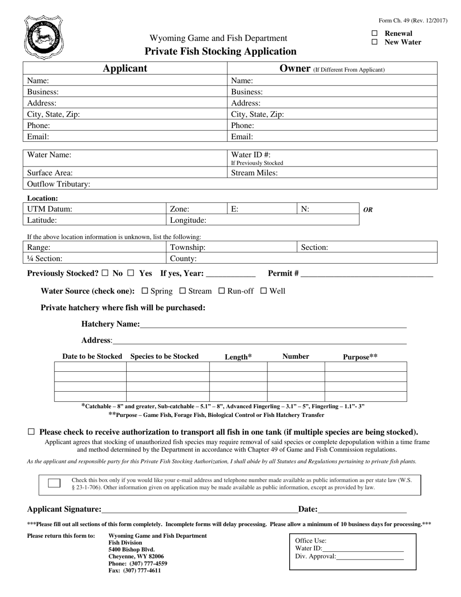 Private Fish Stocking Application - Wyoming, Page 1