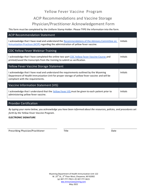 Acip Recommendations and Vaccine Storage Physician / Practitioner Acknowledgement Form - Yellow Fever Vaccine Program - Wyoming Download Pdf