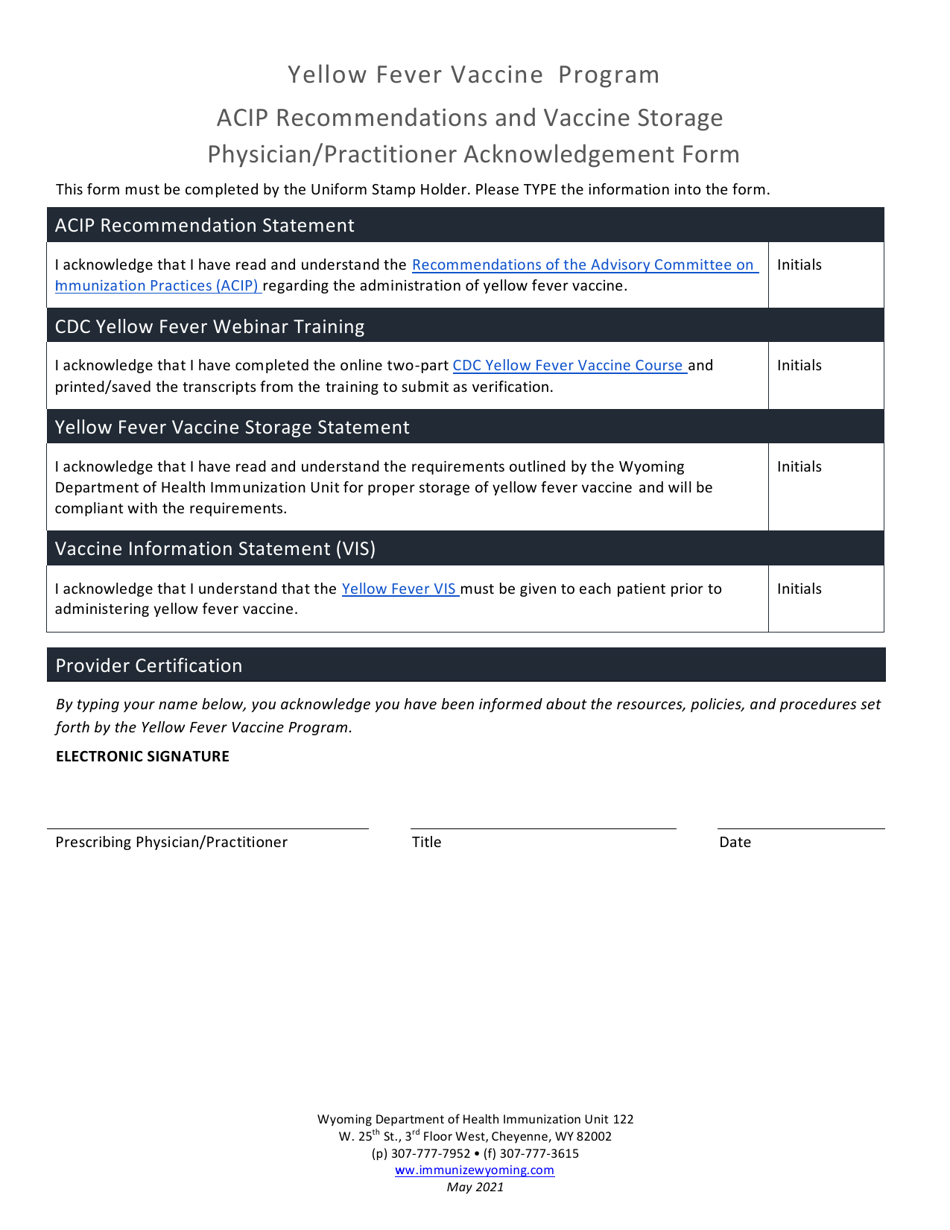 Acip Recommendations and Vaccine Storage Physician / Practitioner Acknowledgement Form - Yellow Fever Vaccine Program - Wyoming, Page 1