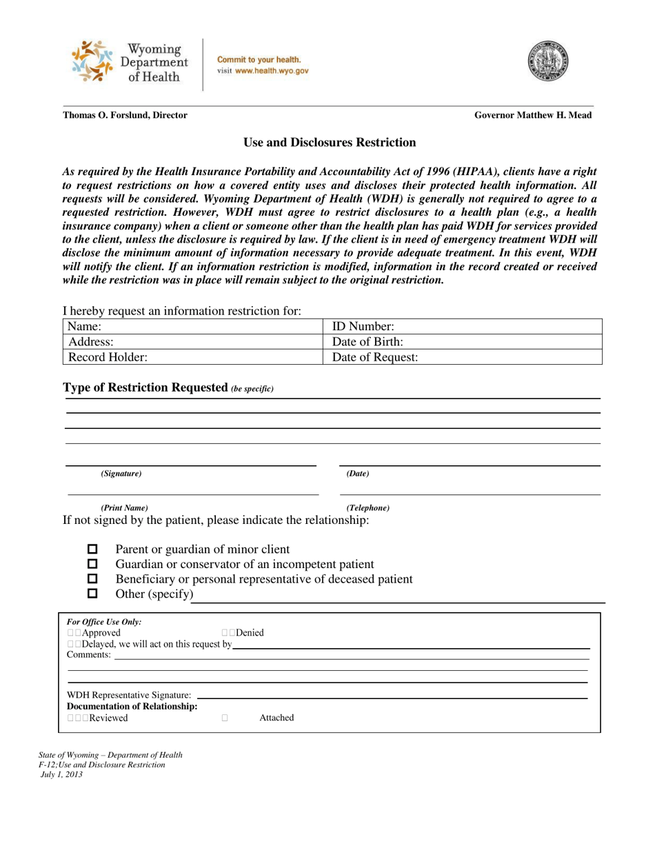 Form F-12 - Fill Out, Sign Online And Download Printable Pdf, Wyoming 