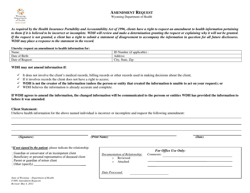 Form F-009 Amendment Request - Wyoming, Page 1