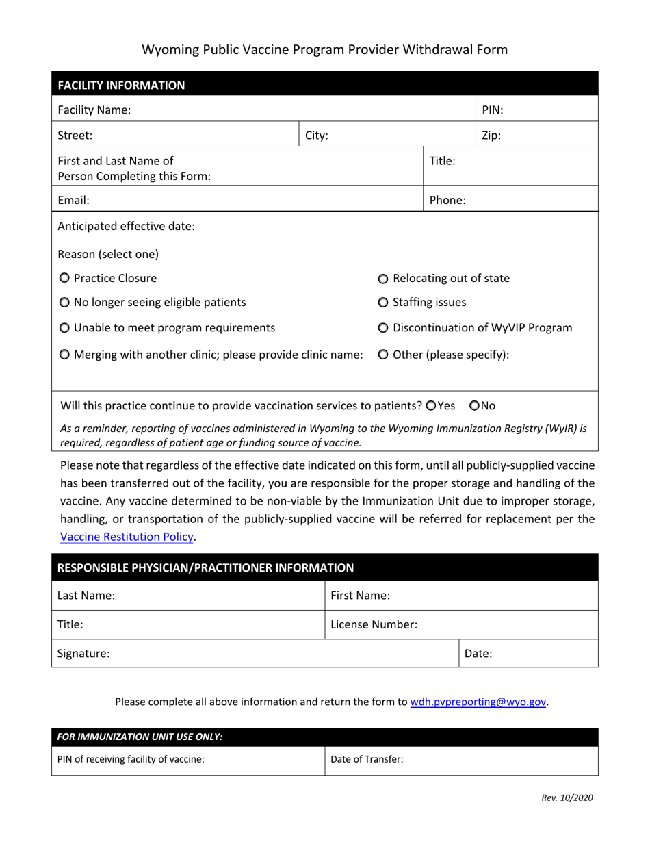 Provider Withdrawal Form - Wyoming Public Vaccine Program - Wyoming, Page 1
