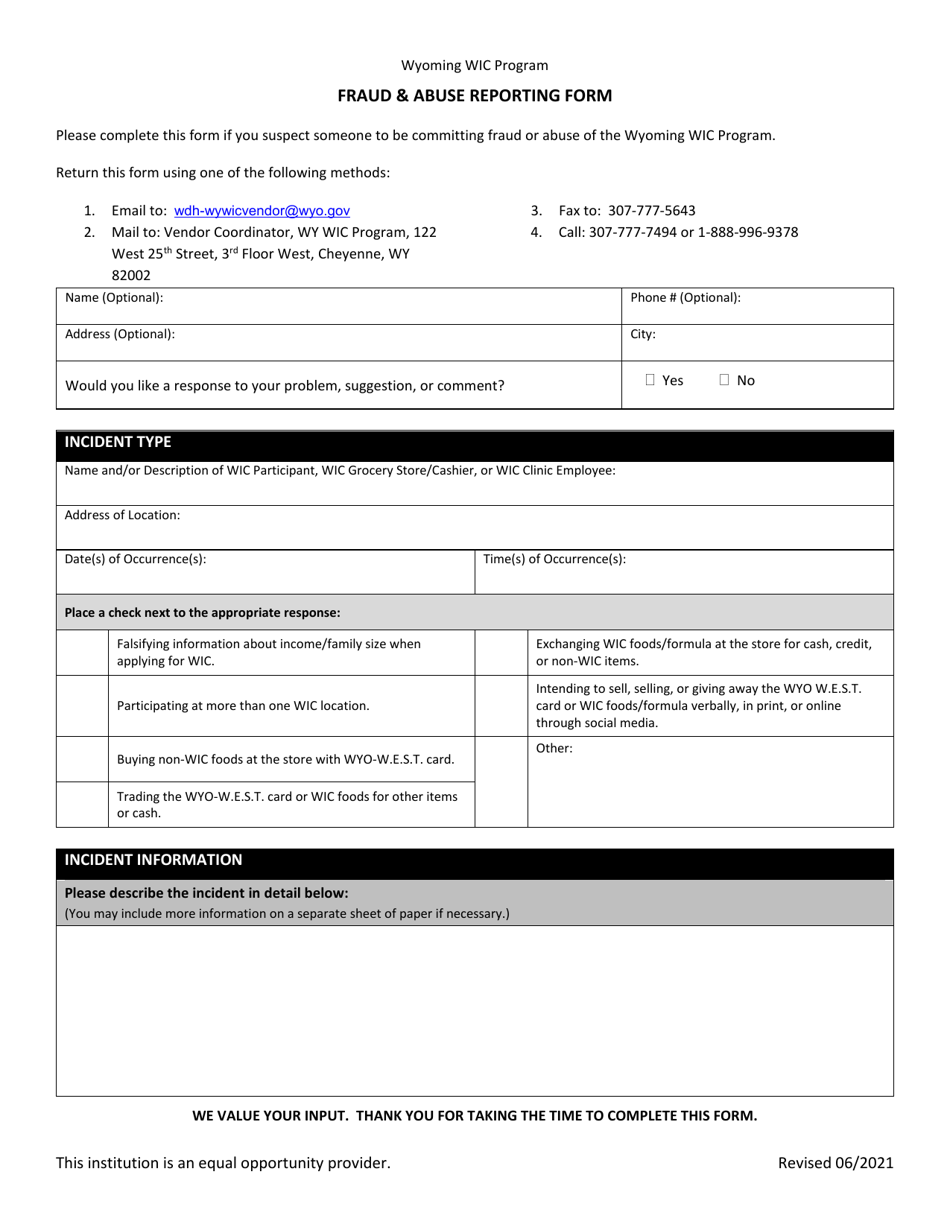 Fraud  Abuse Reporting Form - Wyoming Wic Program - Wyoming, Page 1