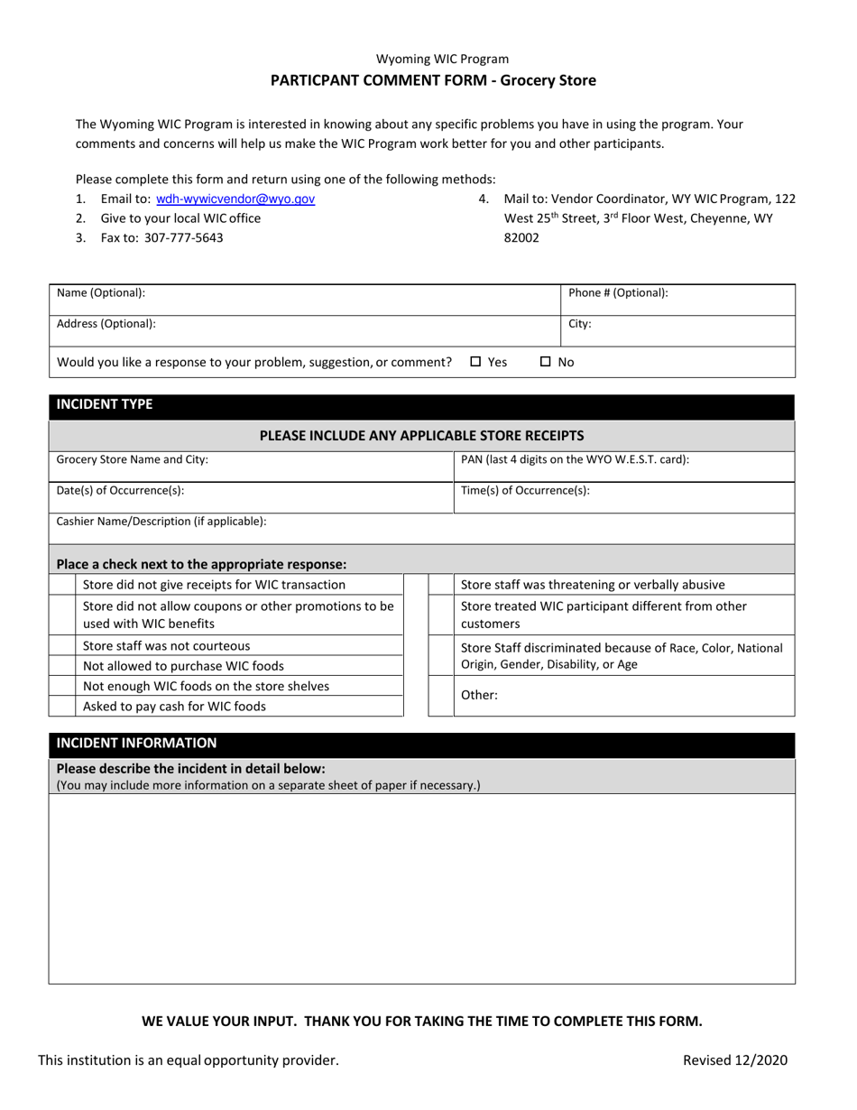 Particpant Comment Form - Grocery Store - Wyoming Wic Program - Wyoming, Page 1