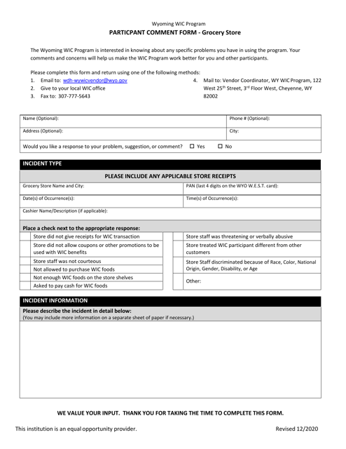 Particpant Comment Form - Grocery Store - Wyoming Wic Program - Wyoming Download Pdf