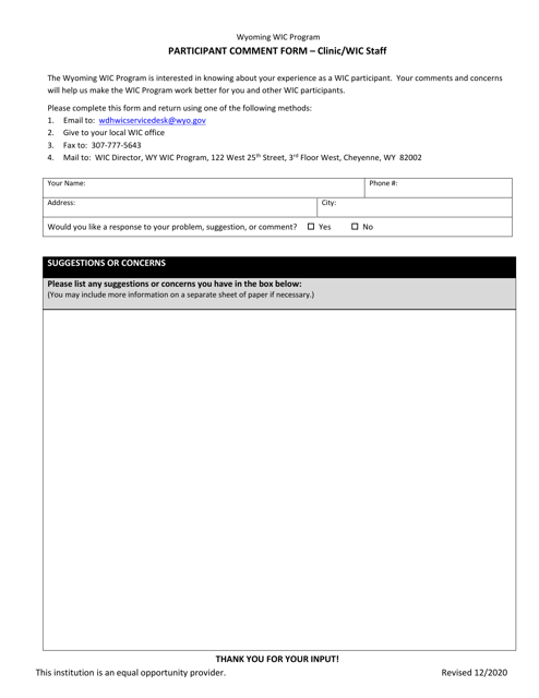 Participant Comment Form - Clinic / Wic Staff - Wyoming Download Pdf