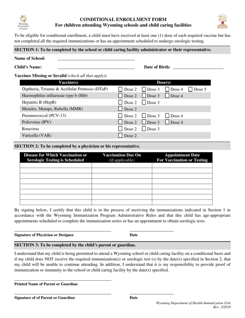 Conditional Enrollment Form for Children Attending Wyoming Schools and Child Caring Facilities - Wyoming Download Pdf