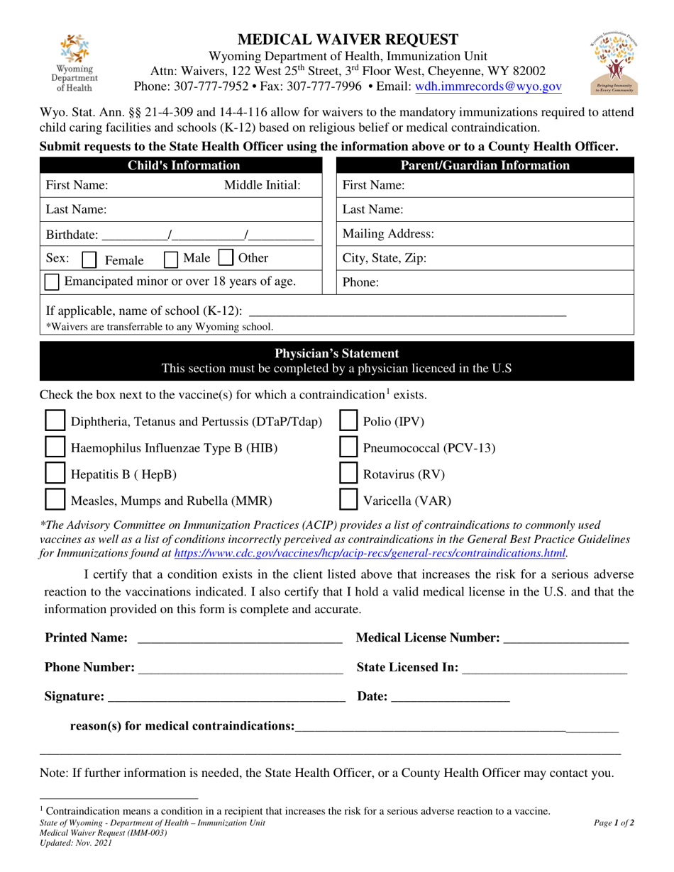 Form IMM-003 Medical Waiver Request - Wyoming, Page 1