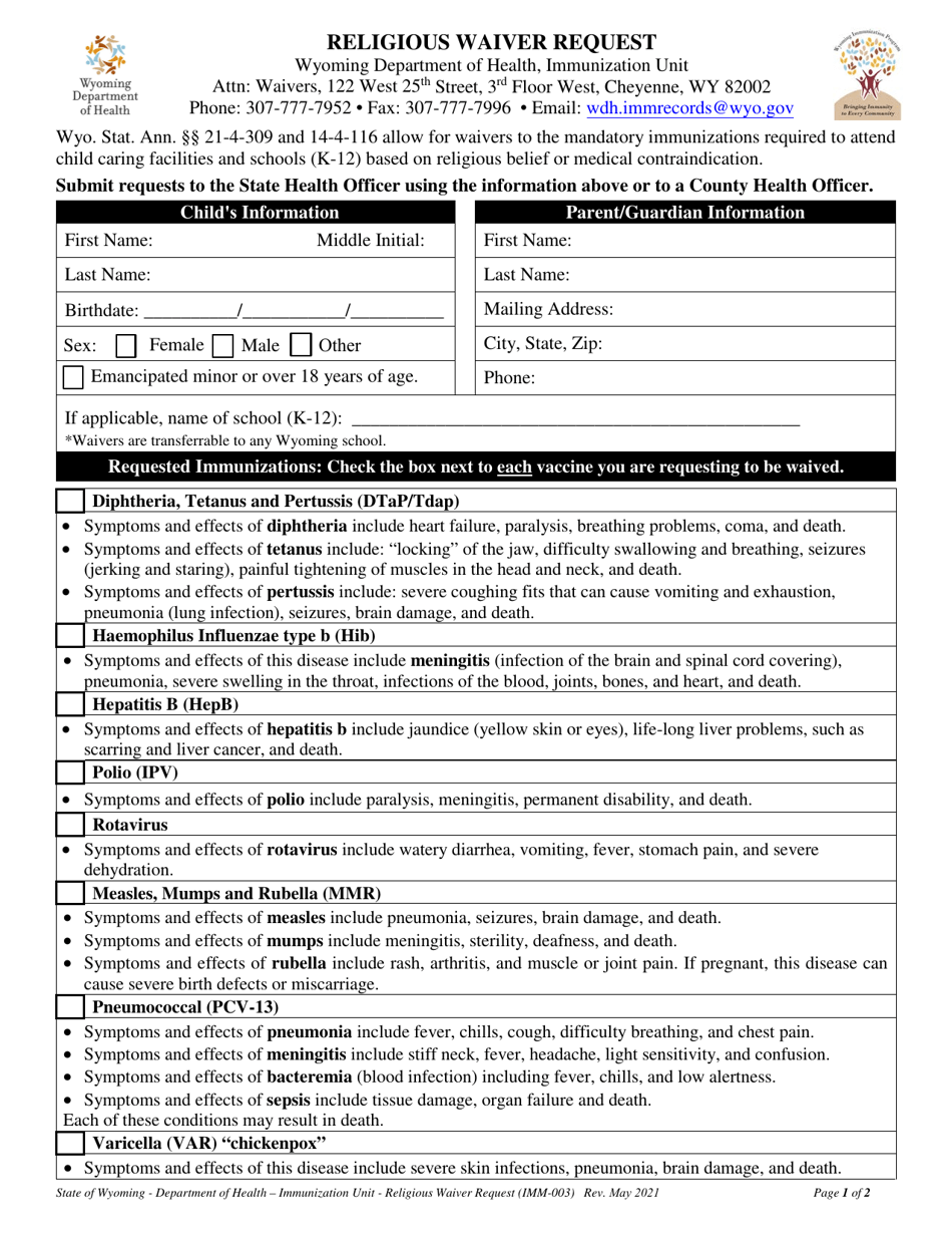 Form IMM-003 Religious Waiver Request - Wyoming, Page 1