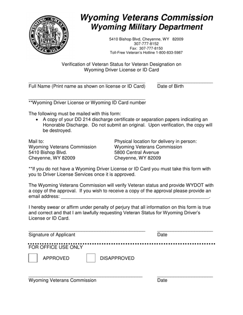 Verification of Veteran Status for Veteran Designation on Wyoming Driver License or Id Card - Wyoming Download Pdf