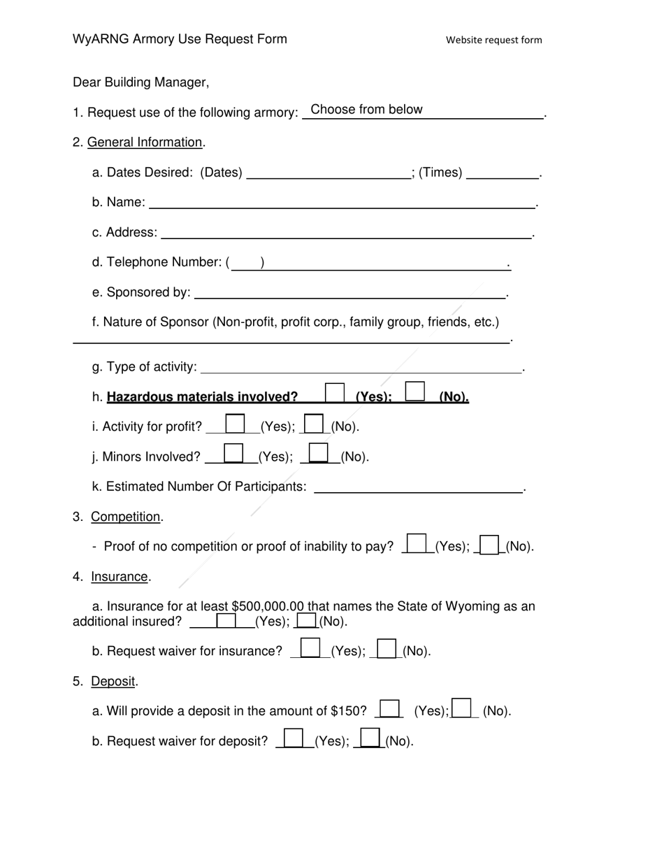 Wyarng Armory Use Request Form - Wyoming, Page 1