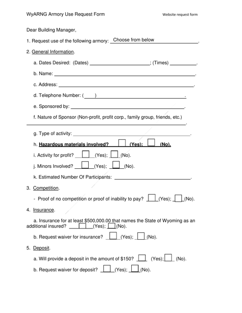 Wyarng Armory Use Request Form - Wyoming Download Pdf
