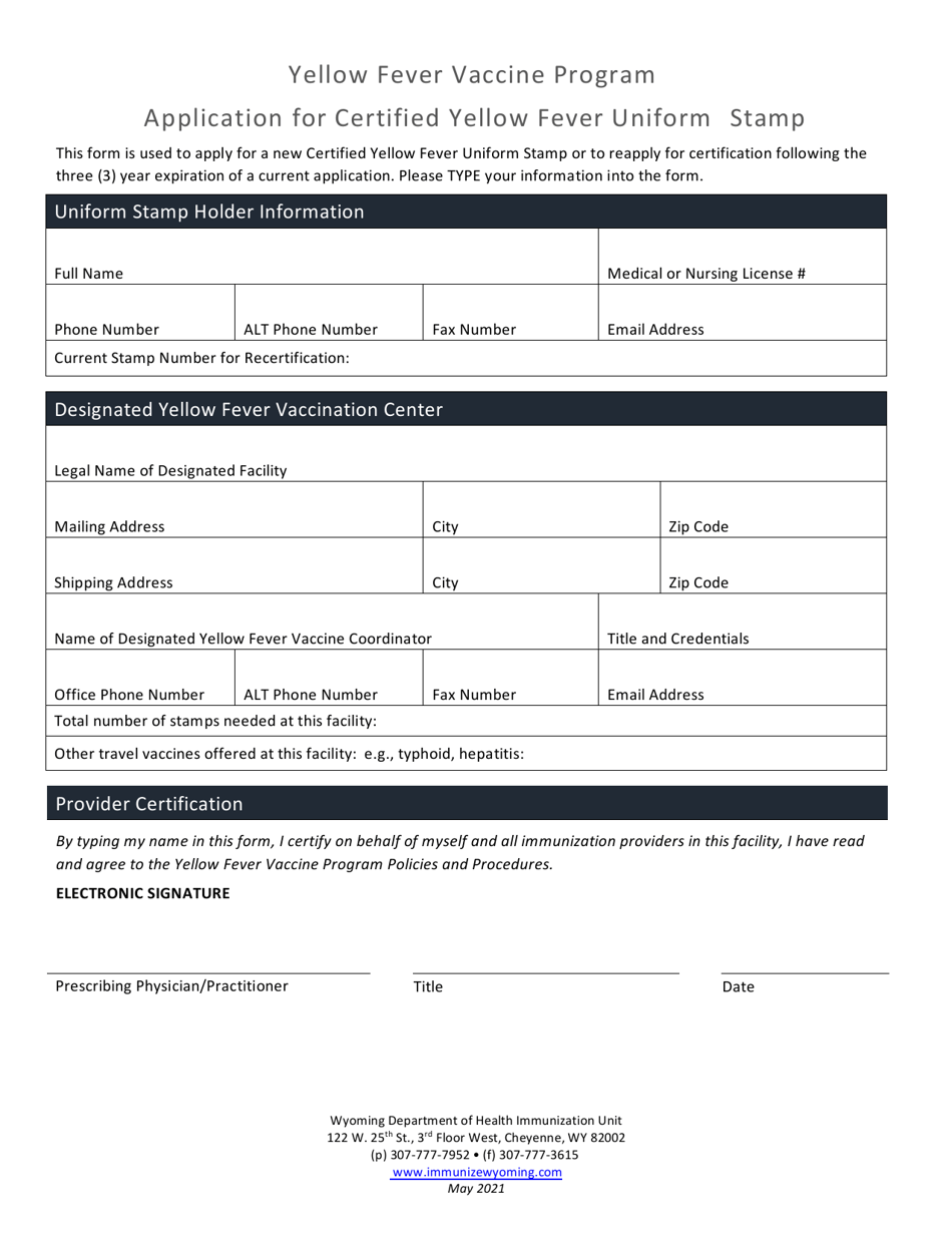 Application for Certified Yellow Fever Uniform Stamp - Yellow Fever Vaccine Program - Wyoming, Page 1