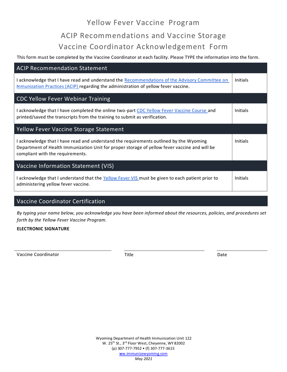Acip Recommendations and Vaccine Storage Vaccine Coordinator Acknowledgement Form - Yellow Fever Vaccine Program - Wyoming, Page 1