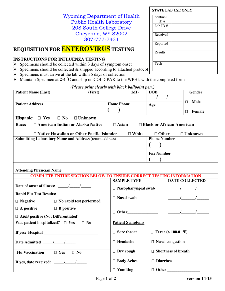 Requisition for Enterovirus Testing - Wyoming, Page 1
