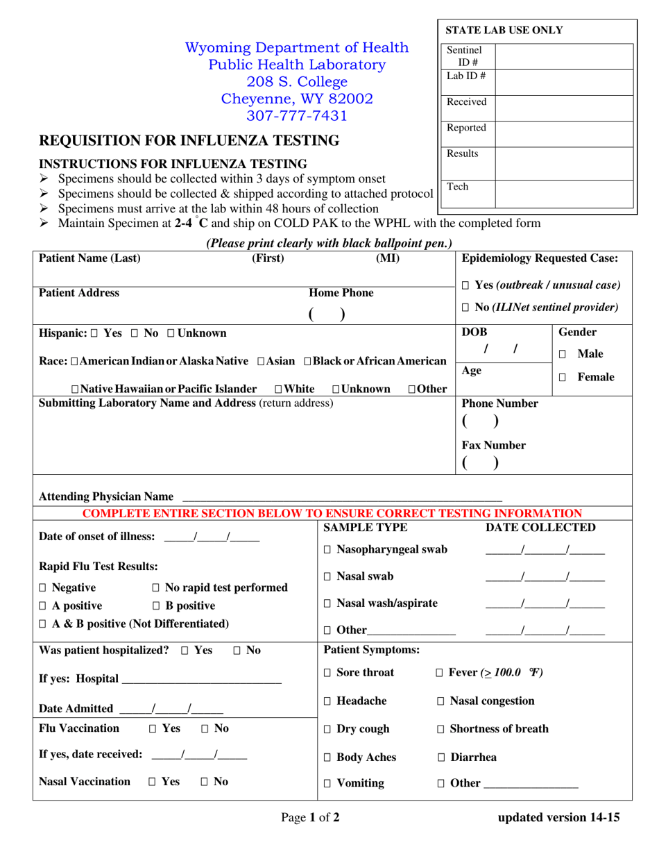 Requisition for Influenza Testing - Wyoming, Page 1