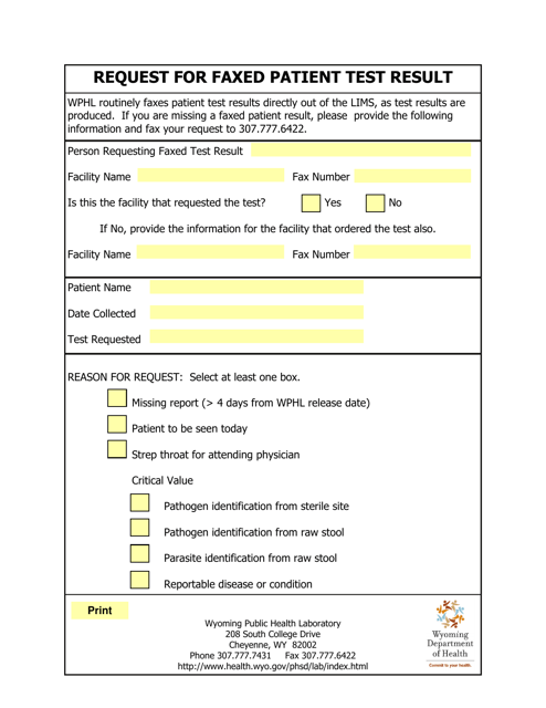 Request for Faxed Patient Test Result - Wyoming Download Pdf