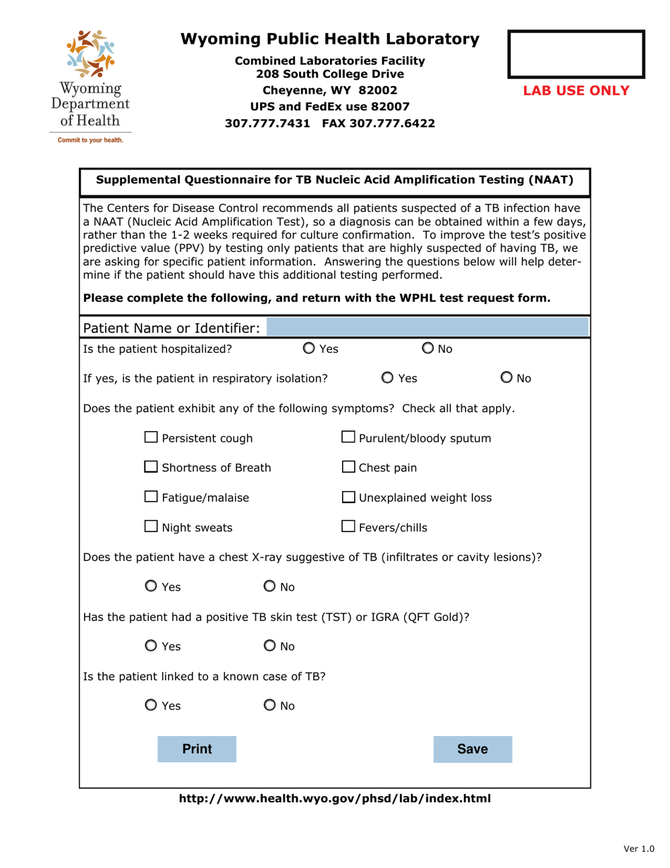 Supplemental Questionnaire for Tb Nucleic Acid Amplification Testing (Naat) - Wyoming, Page 1