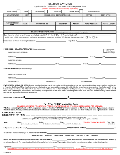 Form MV-300A Application for Certificate of Title and Vin/Hin Inspection Form - Wyoming