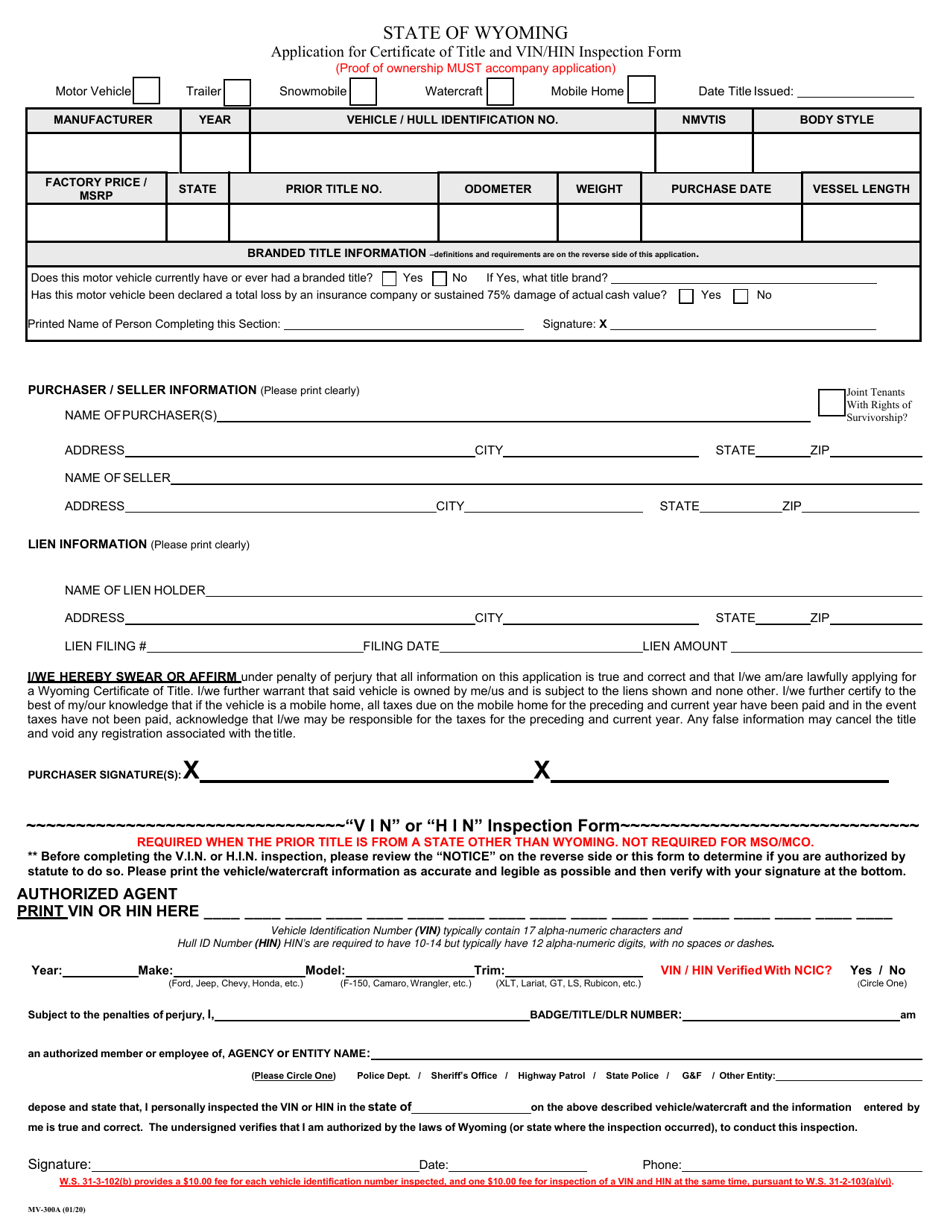 Form MV-300A Application for Certificate of Title and Vin / Hin Inspection Form - Wyoming, Page 1