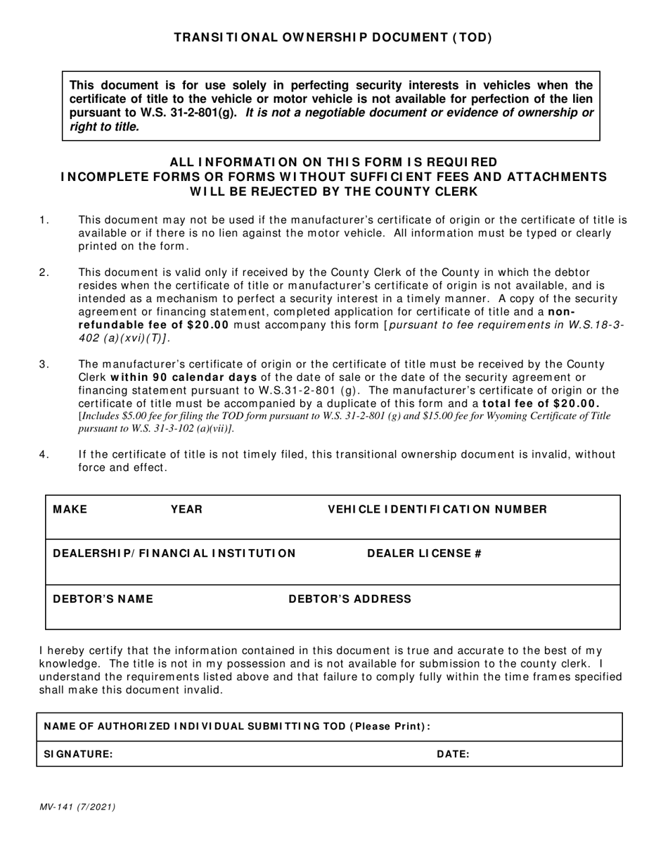 Form MV-141 Transitional Ownership Document (Tod) - Wyoming, Page 1