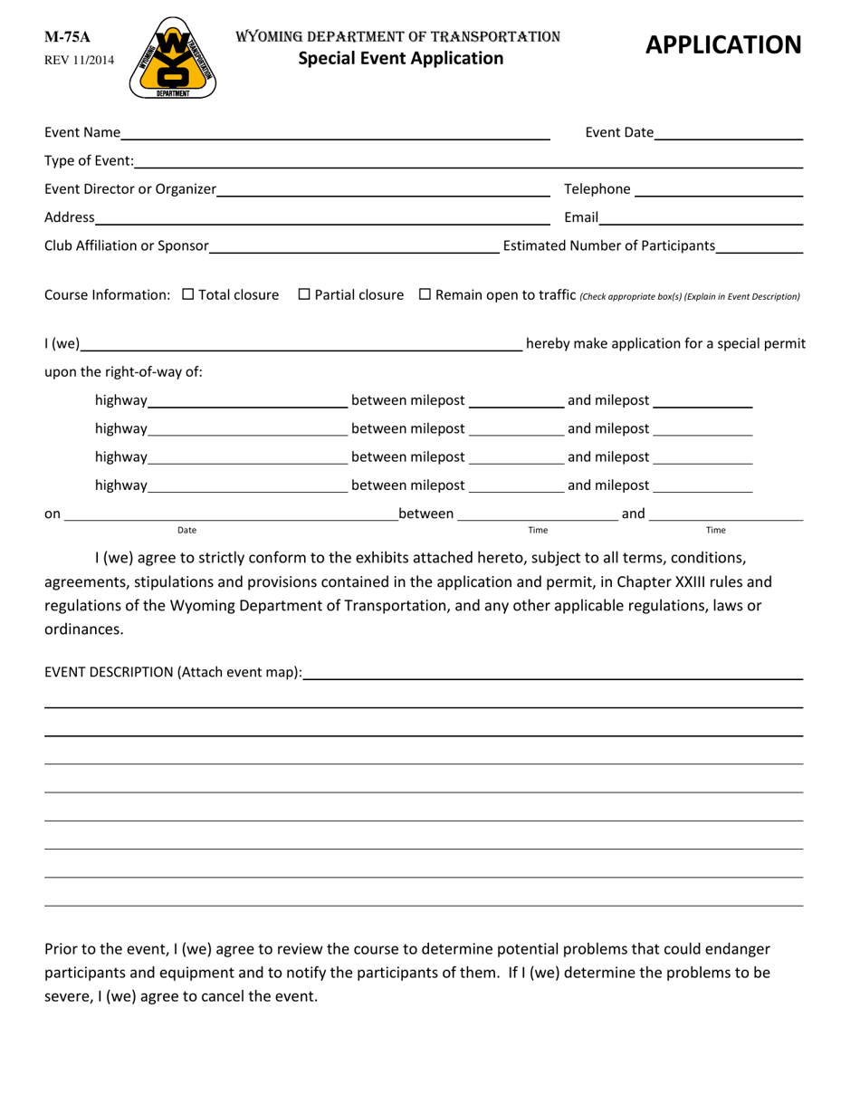 Form M-75A Special Event Application - Wyoming, Page 1