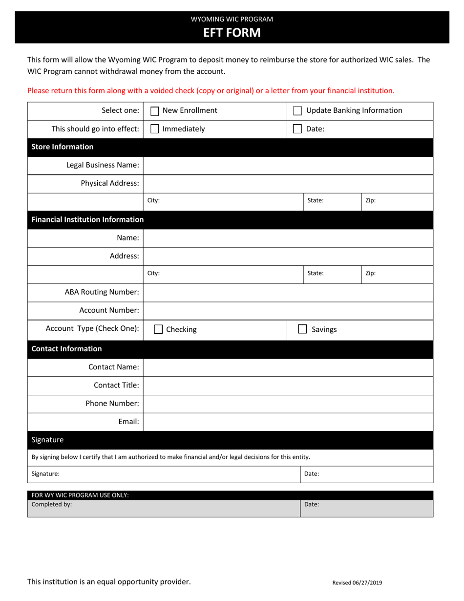 Eft Form - Wyoming Wic Program - Wyoming, Page 1