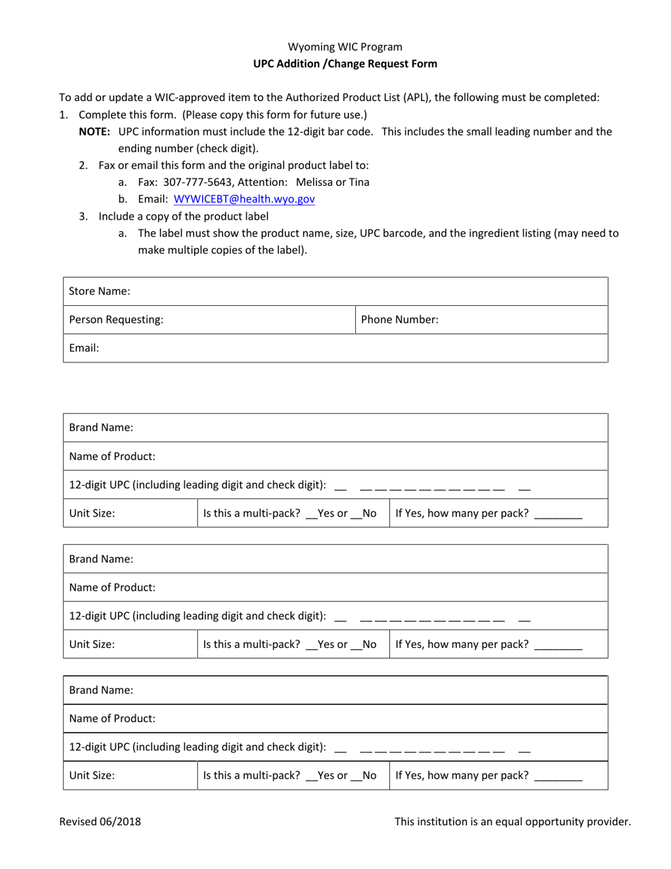 Upc Addition / Change Request Form - Wyoming Wic Program - Wyoming, Page 1
