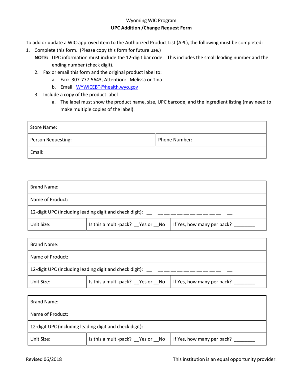 Upc Conversion Form.pdf Wyoming Upc Addition/Change Request Form - Wyoming Wic Program - Fill ...