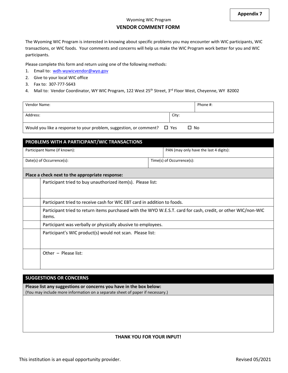 Appendix 7 Vendor Comment Form - Wyoming Wic Program - Wyoming, Page 1