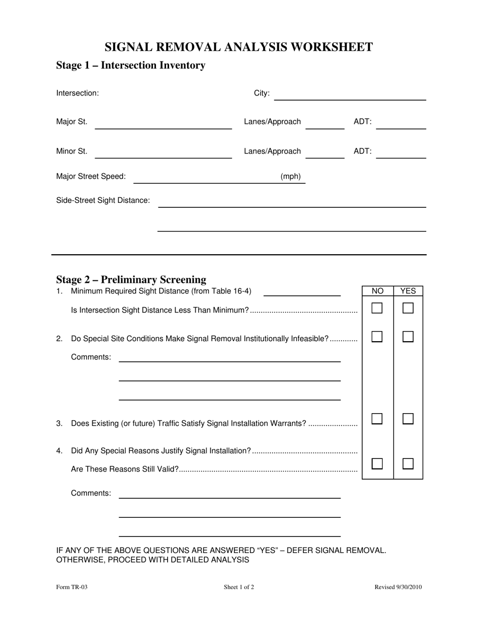 Form TR-03 Signal Removal Analysis Worksheet - Wyoming, Page 1