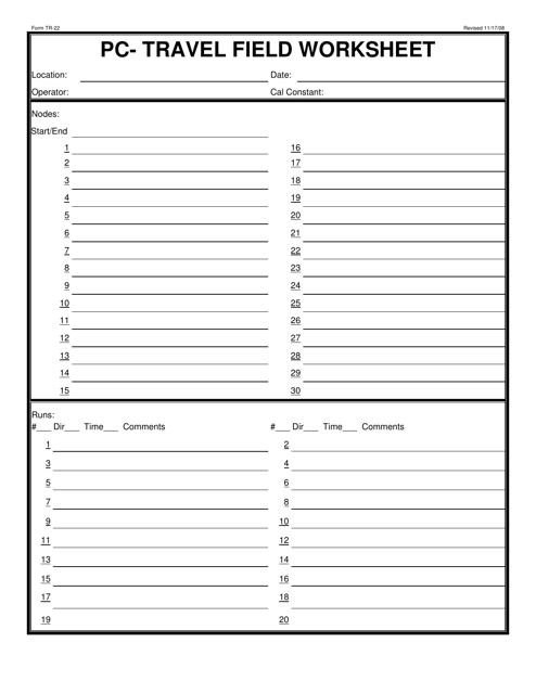 Form TR-22 Pc-Travel Field Worksheet - Wyoming