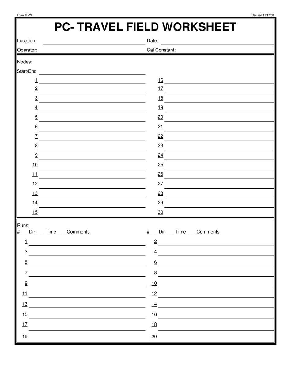 Form TR-22 Pc-Travel Field Worksheet - Wyoming, Page 1