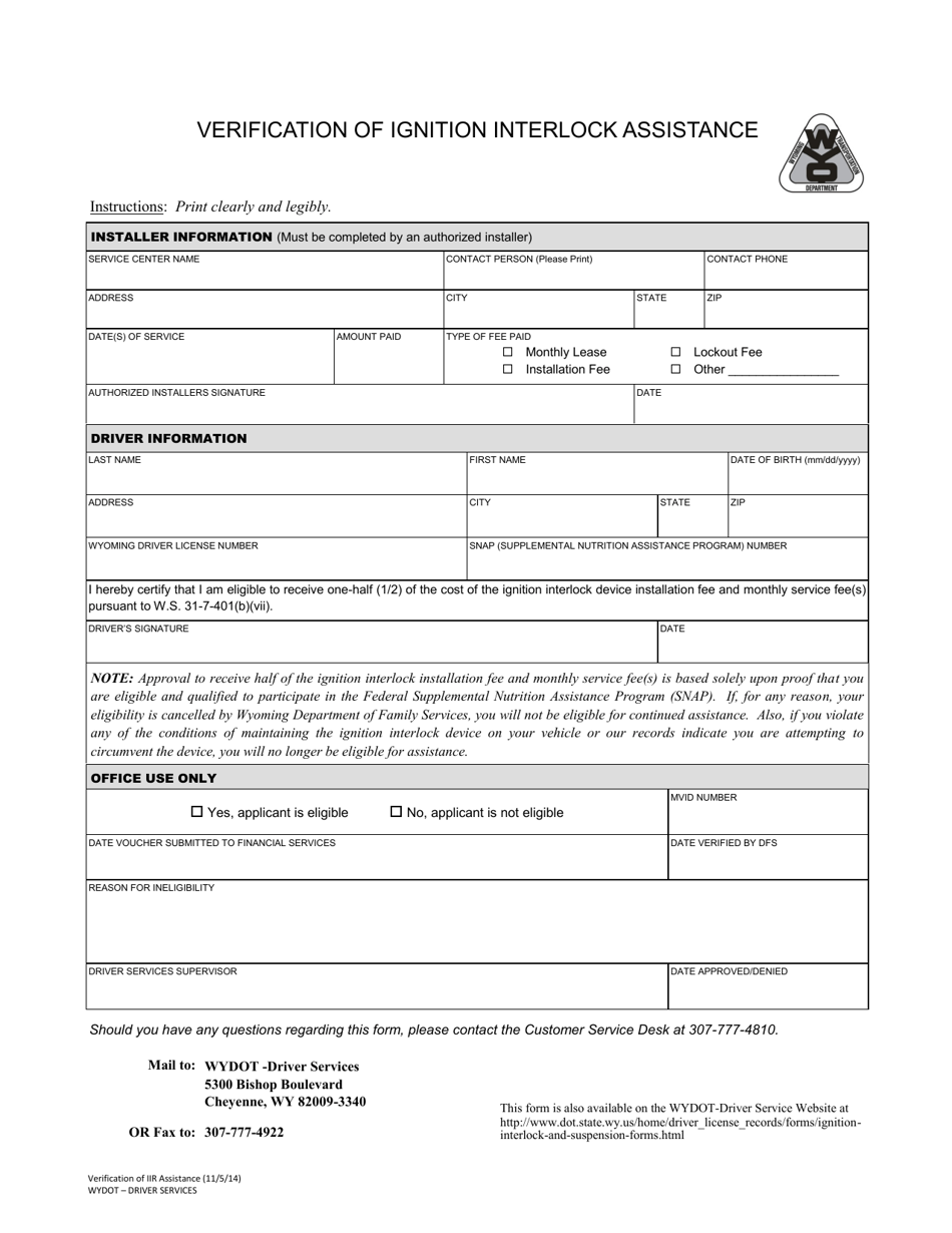 Wyoming Verification of Ignition Interlock Assistance Fill Out, Sign
