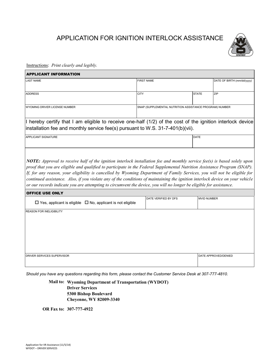 Application for Ignition Interlock Assistance - Wyoming, Page 1
