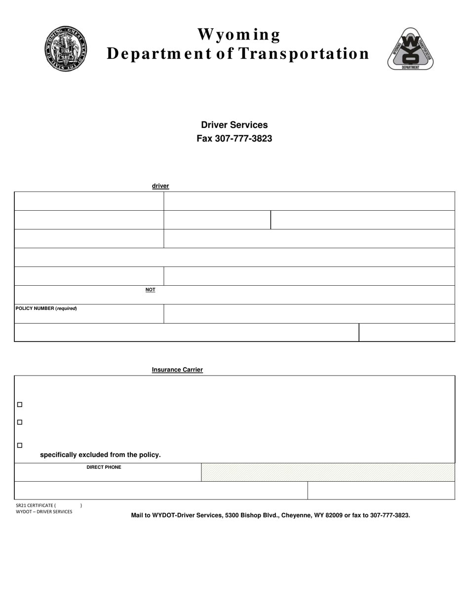 Form SR21 Insurance Certificate - Wyoming, Page 1