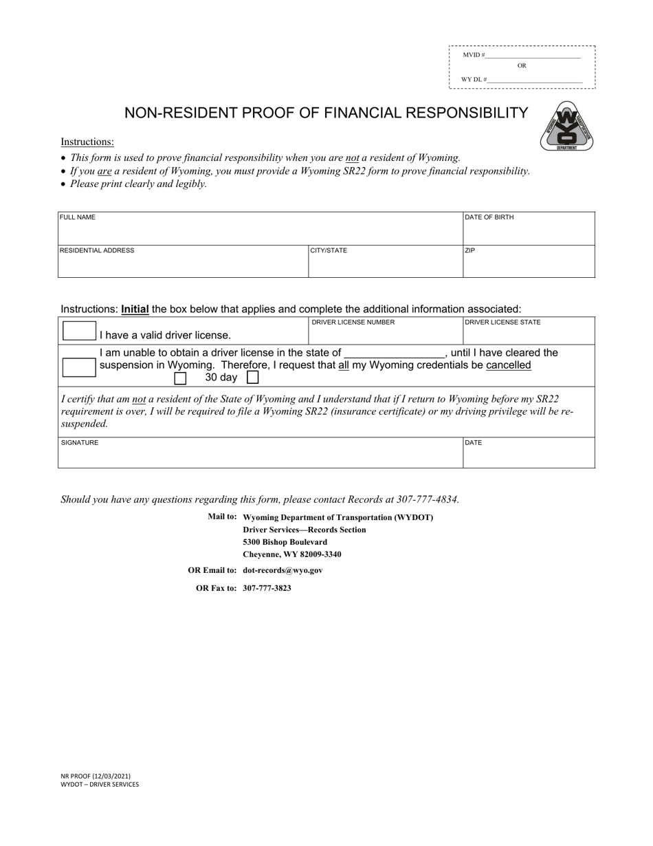 Non-resident Proof of Financial Responsibility - Wyoming, Page 1