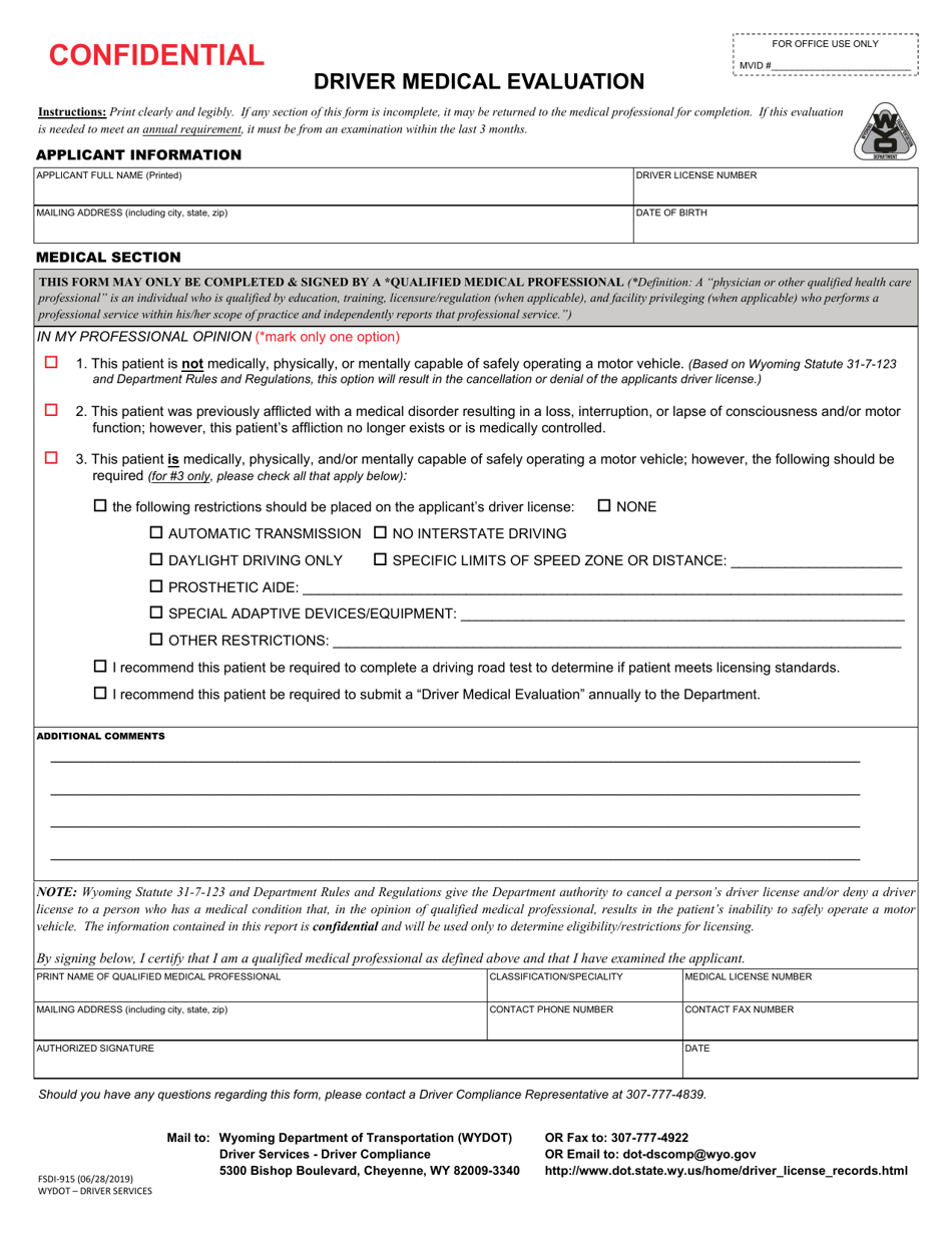 Form FSDI-915 Driver Medical Evaluation - Wyoming, Page 1